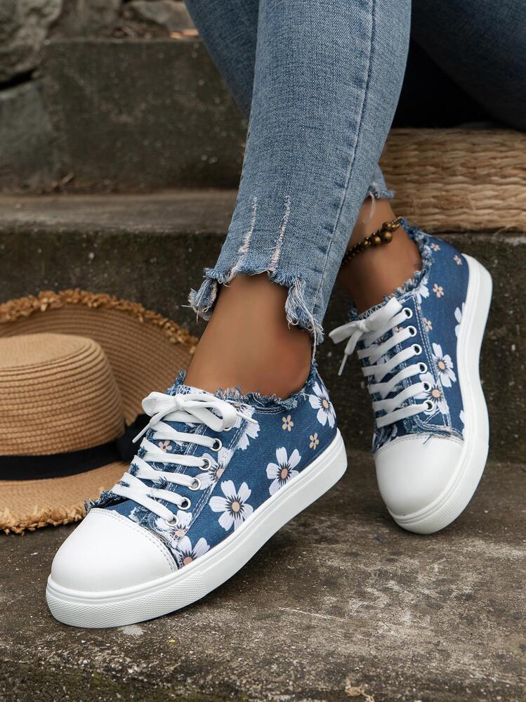 Women Flower Pattern Lace up Front Canvas Shoes Sporty Outdoor Sneakers SHEIN