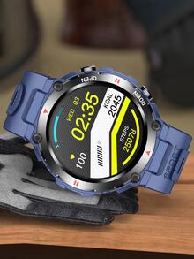 Hombres 1 pieza azul de silicona con tira deportivo fecha monitoreo de frecuencia cardíaca seguimiento del sueño multifunción redondo esfera inteligente compatible con Androids iPhone - Azul - Ver 2