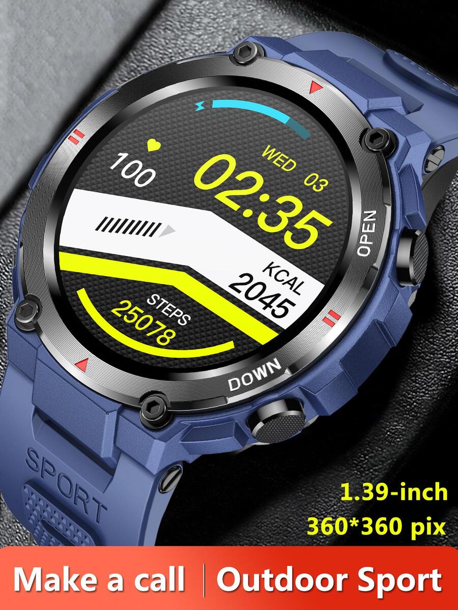 Hombres 1 pieza azul de silicona con tira deportivo fecha monitoreo de frecuencia cardíaca seguimiento del sueño multifunción redondo esfera inteligente compatible con Androids iPhone - Azul - Ver 1