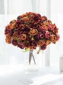 1支人工玫瑰花絲絨繡球菊花束情人節婚禮裝飾diy花圈材料,新娘手持手花裝飾配件,婚車裝飾,門楣拱形裝飾,家居,餐廳,臥室,花瓶裝飾,生日派對裝飾材料,新年禮品 - 亮橙色 - 查看 3