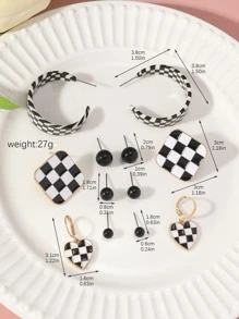 6對/套時尚鋅合金棋盤格細節愛心裝飾耳環適合女士日常裝飾 - 黑與白 - 查看 3