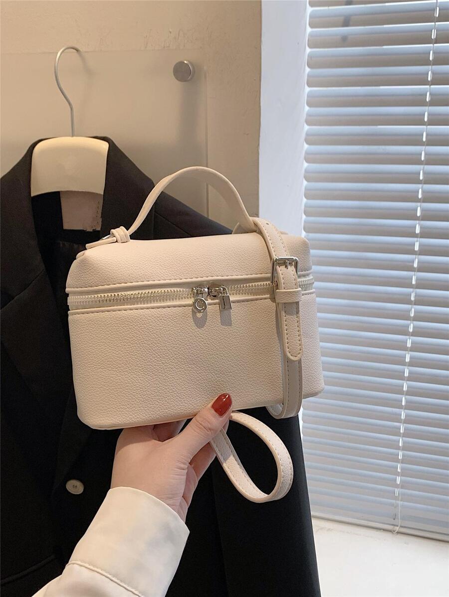 Túi đựng vải dập nổi Litchi Top Handle Zip xung quanh - Màu be - Xem 1