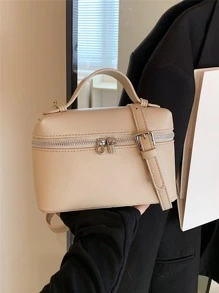 Túi đựng vải dập nổi Litchi Top Handle Zip xung quanh - Màu be - Xem 5