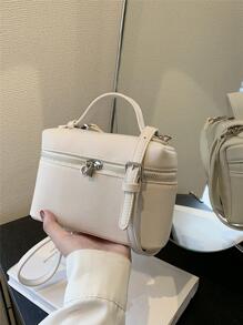 Túi đựng vải dập nổi Litchi Top Handle Zip xung quanh - Màu be - Xem 7