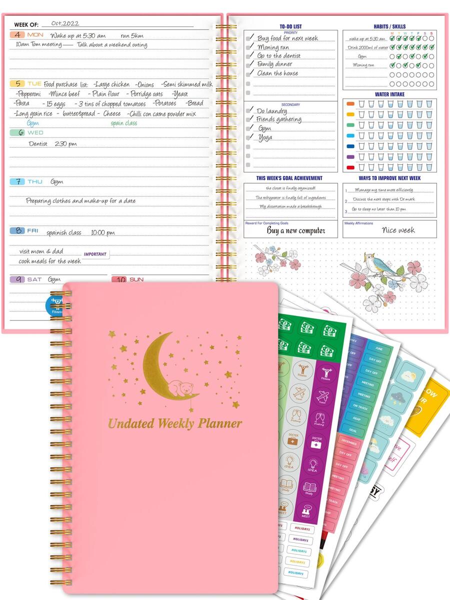 Undated Weekly Planner Notebook With To-Do List, Habit Tracker, Increase Productivity, Time Management - Pink - View 1
