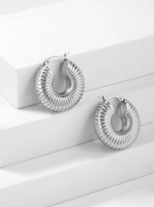 紋理質感圓耳環 - 銀色 - 查看 2