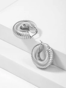 紋理質感圓耳環 - 銀色 - 查看 3