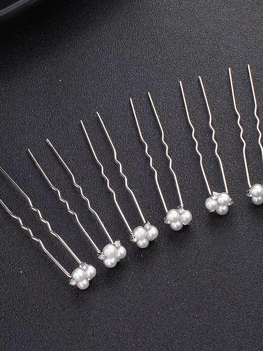 6pcs Faux Pearl Decor Bridal Hair Pin - Silver - View 1