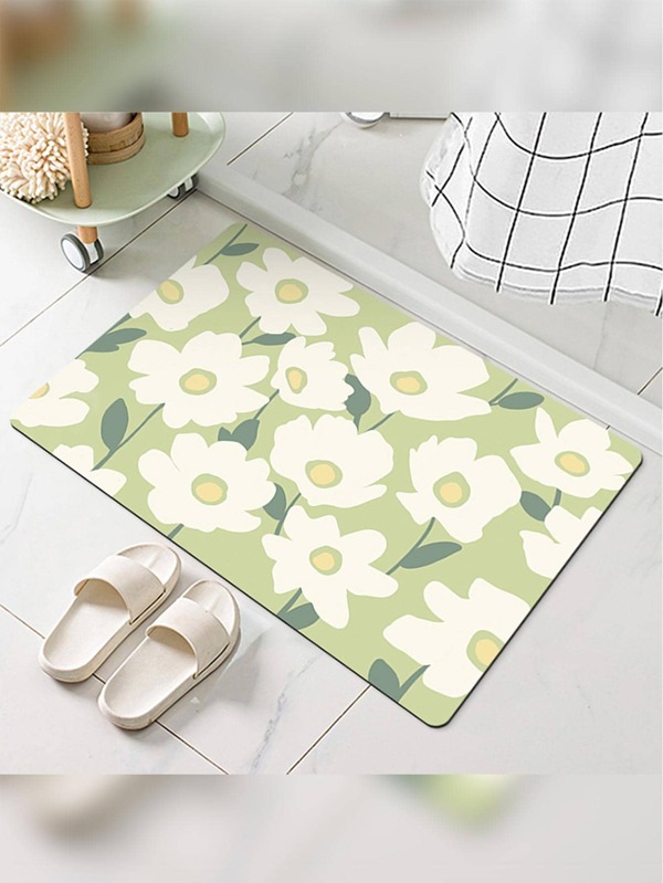 Floral Pattern Antislip Bath Rug, Cottagecore Polyester Floor Mat For