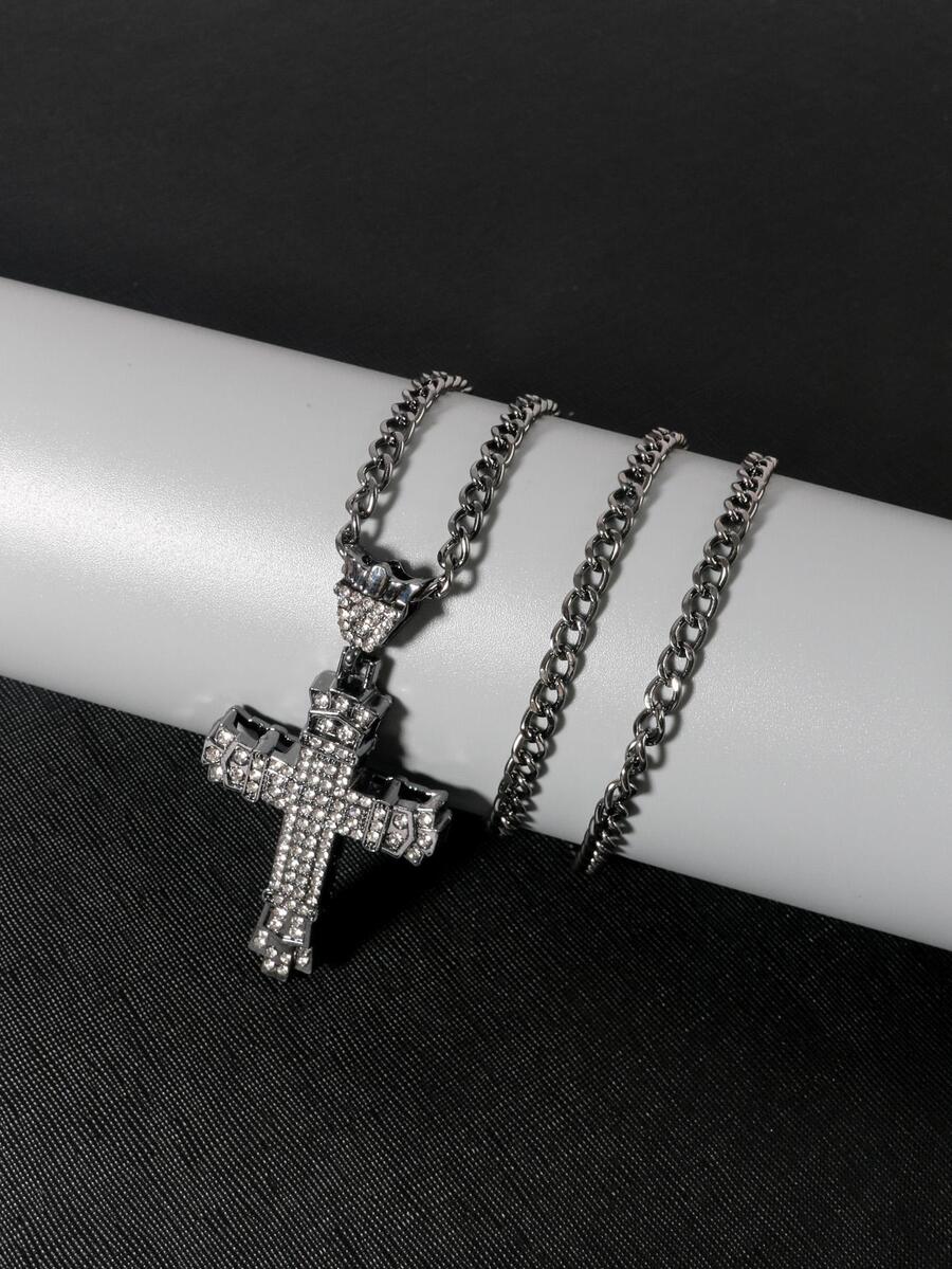 Vòng cổ nam Rhinestone Cross Charm - màu đen - Xem 1