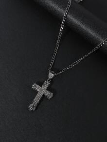 Vòng cổ nam Rhinestone Cross Charm - màu đen - Xem 3