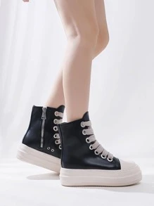 Alan Vincent 女式運動帆布鞋，兩邊一拉鍊高幫繫帶前運動鞋 - 黑色 - 查看 3