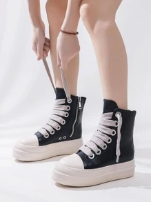 Alan Vincent 女式運動帆布鞋，兩邊一拉鍊高幫繫帶前運動鞋 - 黑色 - 查看 1