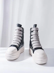 Alan Vincent 女式運動帆布鞋，兩邊一拉鍊高幫繫帶前運動鞋 - 黑色 - 查看 9