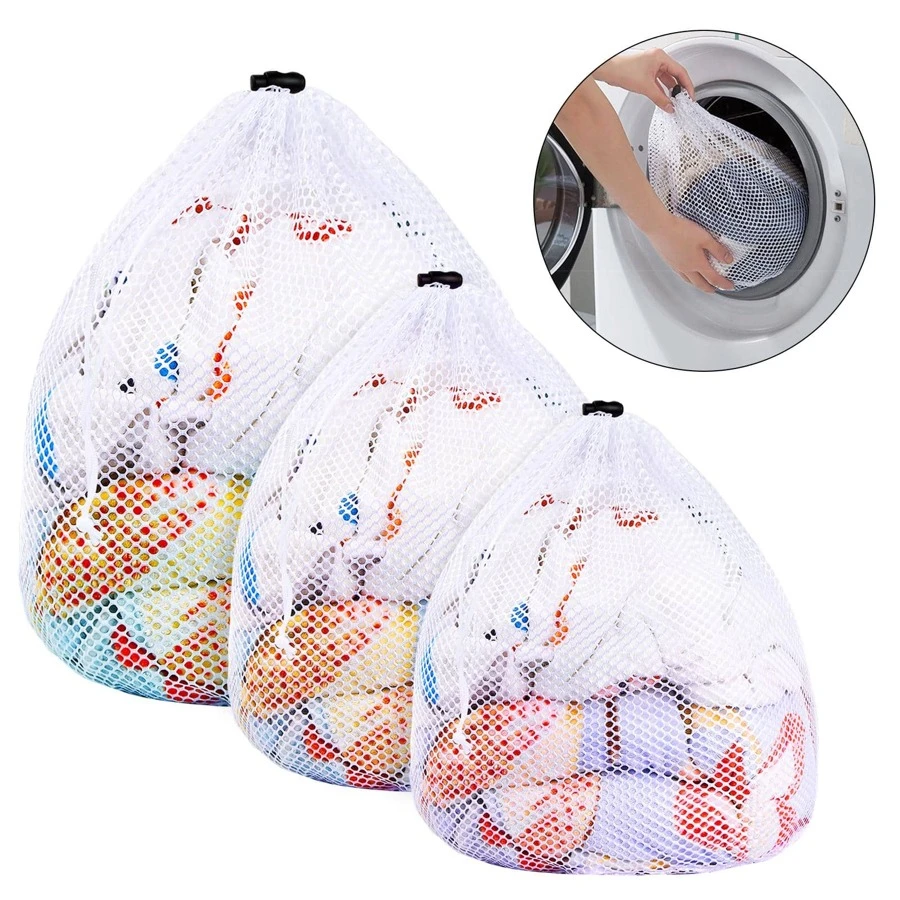 Pack Of 3 Laundry Net For Washing Machine Coarse Laundry Bag With Cord Stopper Durable Laundry Net - White - View 1