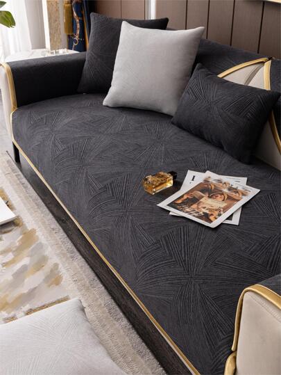 1pc Geometric Jacquard Sofa Towel, Black Polyester Non-slip Sofa Seat Liner, For All Season