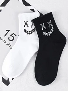 2雙女士表情圖案時尚中筒襪適用於日常生活 - 彩色 - 查看 3