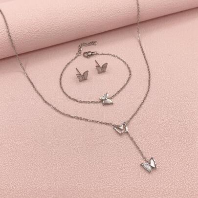 优雅波西米亚度假风格 18K 镀金不锈钢女士首饰套装 - 精致蝴蝶项链、手链和耳钉 - 母亲节、生日、节日、约会、舞会、婚礼季和返校季的完美礼物