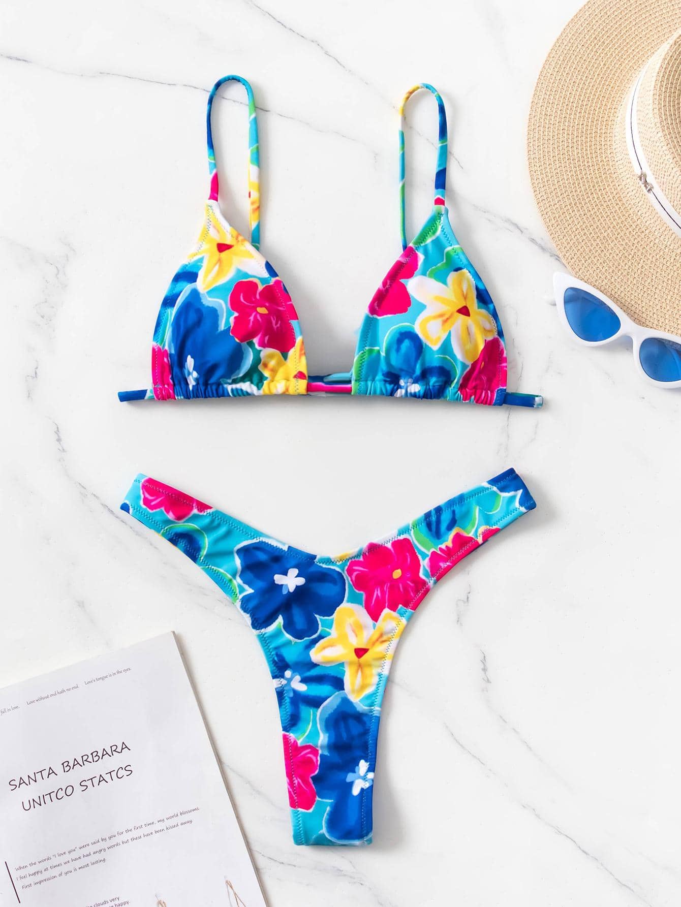 Fashionable Sexy Floral Printed Bikini Set, Summer - Blue - View 1