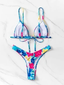 Fashionable Sexy Floral Printed Bikini Set, Summer - Blue - View 2