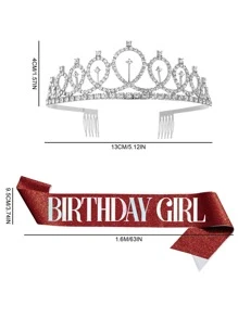 2pcs Set Birthday Strap With Rhinestone Crown, Birthday Strap Waist Belt Crown, Women Birthday Crown And Headpiece - Red - View 2
