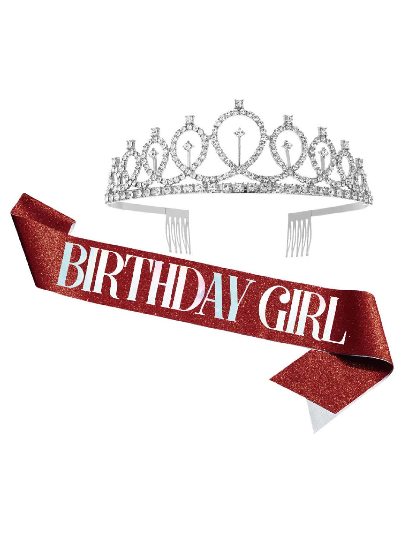 2pcs Set Birthday Strap With Rhinestone Crown, Birthday Strap Waist Belt Crown, Women Birthday Crown And Headpiece - Red - View 1