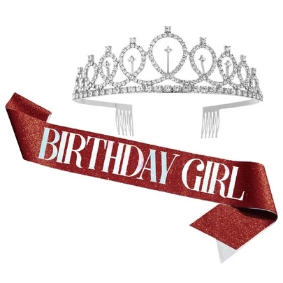 Bộ 2 dây đeo sinh nhật kèm vương miện đính đá, vương miện thắt lưng kèm dây đeo sinh nhật, vương miện và mũ đội đầu cho nữ