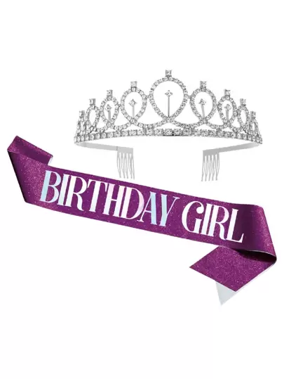 1pc Rhinestone Decor Birthday Party Crown And 1pc Sash Set, Purple Glitter Sash Decoration, For Girls Birthday Party,Christmas