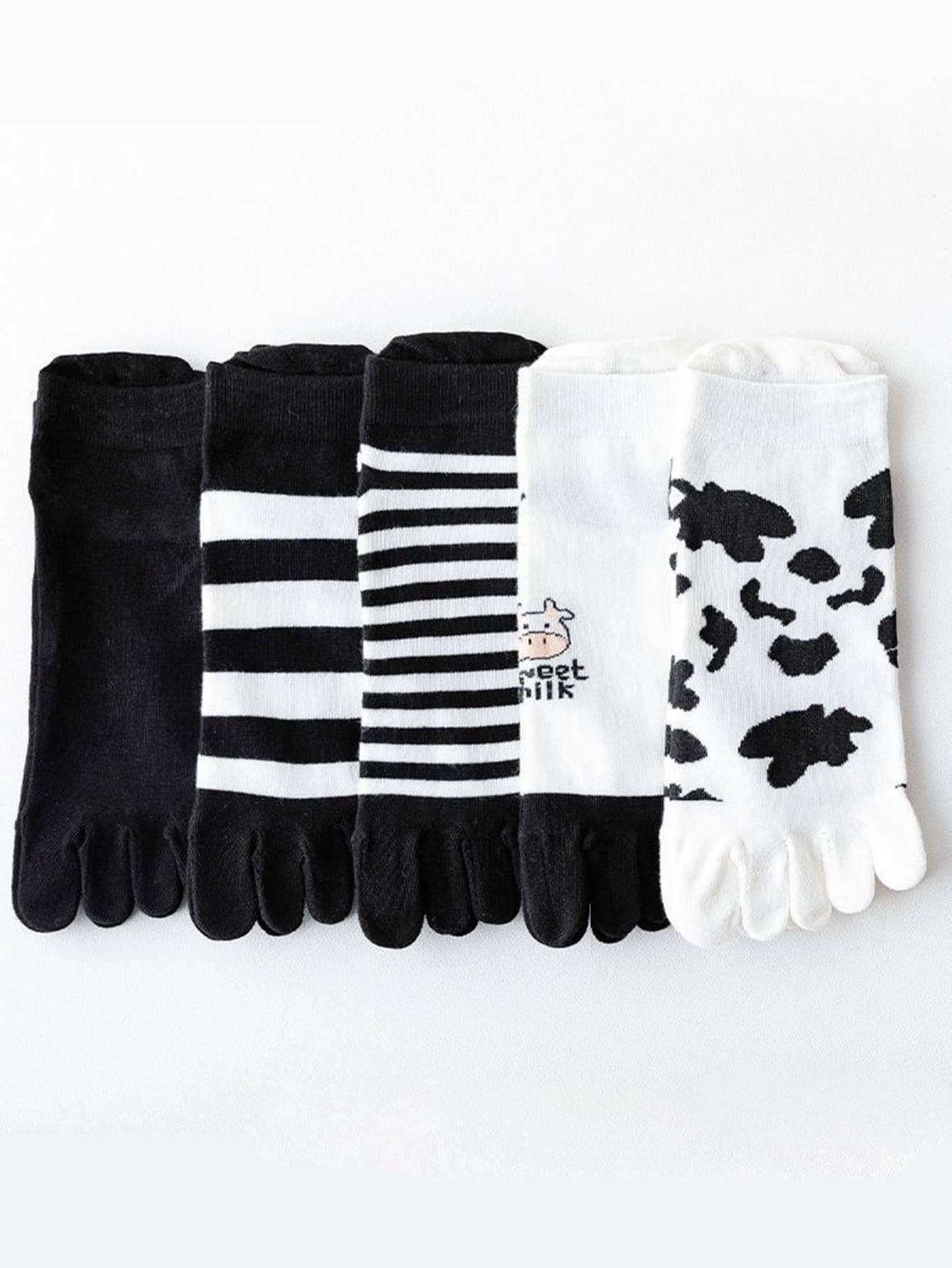 5pairs Women Striped & Cow Pattern Casual Toe Socks For Summer - Multicolor - View 1