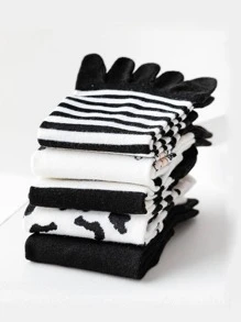 5pairs Women Striped & Cow Pattern Casual Toe Socks For Summer - Multicolor - View 4