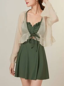 素色褶邊前抽繩連體泳衣不附帶網紗上衣 - 軍綠色 - 查看 1