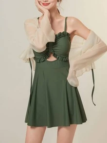 素色褶邊前抽繩連體泳衣不附帶網紗上衣 - 軍綠色 - 查看 3