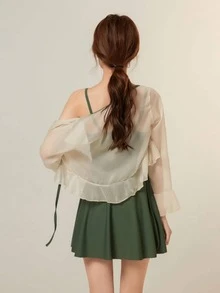 素色褶邊前抽繩連體泳衣不附帶網紗上衣 - 軍綠色 - 查看 4