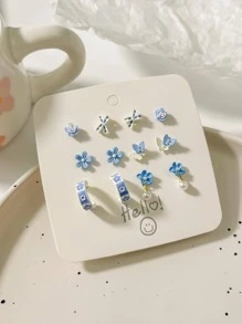 6 对/女士时尚玫瑰花蝴蝶结和心形耳钉 - 藍色 - 查看 12