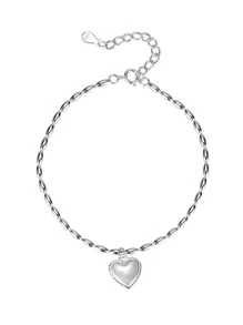 Heart Charm Sterling Silver Bracelet - Silver - View 5