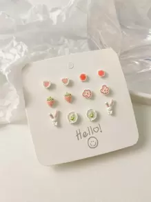 6對微小粉色心釘狀首飾套裝適合女士女孩派對禮物 - 彩色 - 查看 1