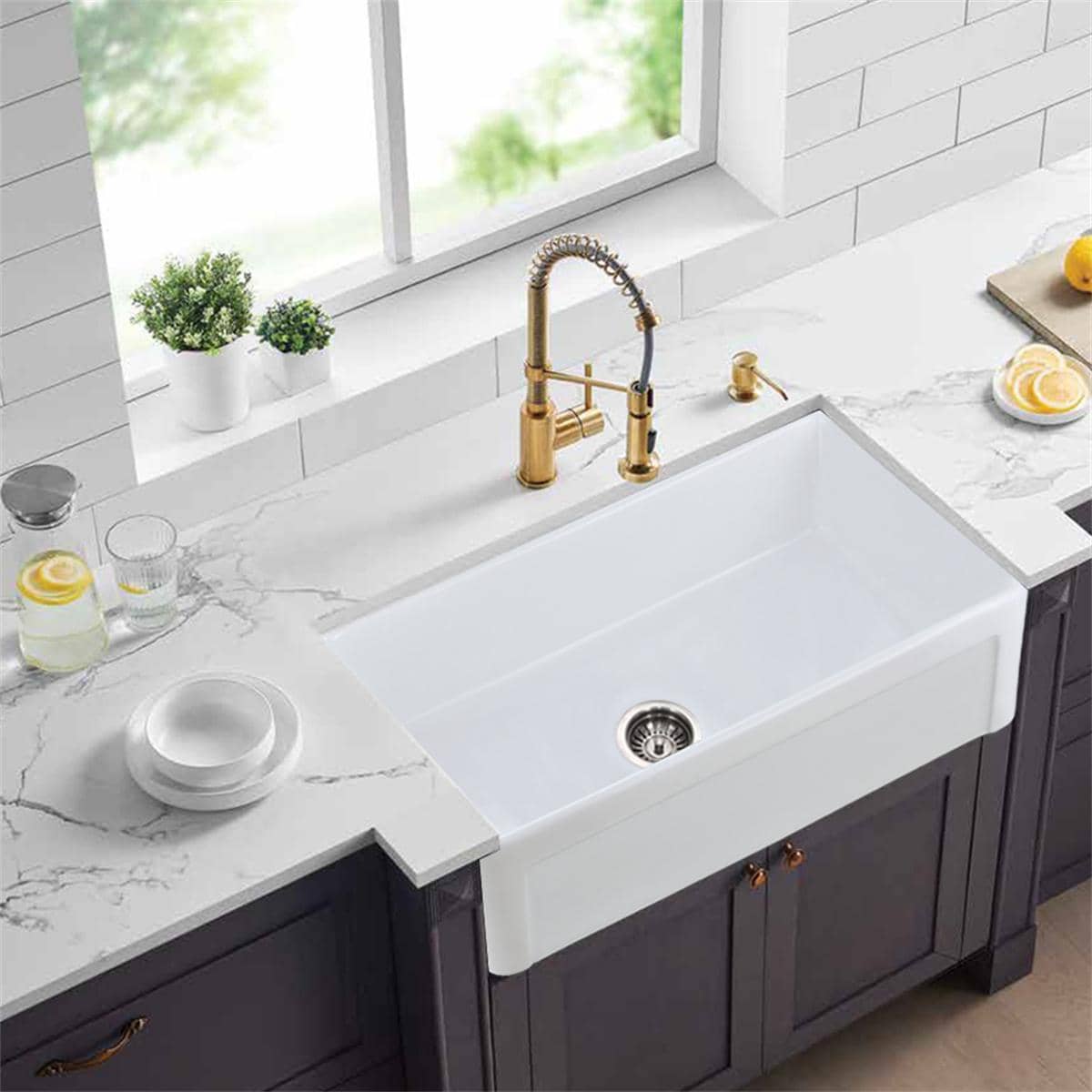 ceramic Farmhouse Apron-Front Kitchen Sink Single Bowl White - White - View 1