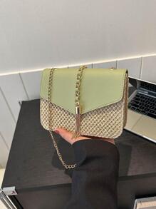 Tassel Decor Flap Chain Straw Bag Two Tone - Green - View 1