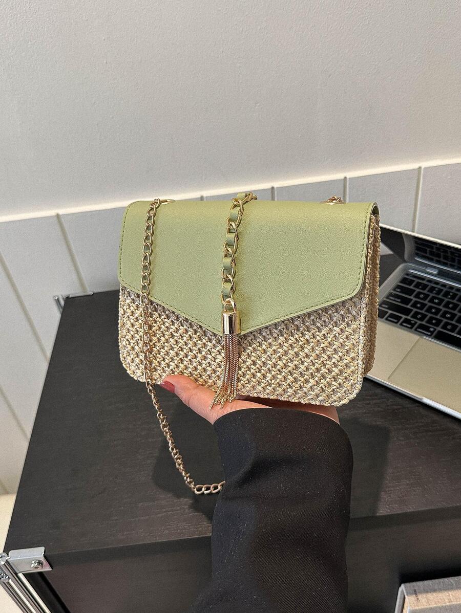 Tassel Decor Flap Chain Straw Bag Two Tone - Green - View 1