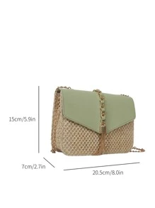 Tassel Decor Flap Chain Straw Bag Two Tone - Green - View 2