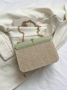 Tassel Decor Flap Chain Straw Bag Two Tone - Green - View 4
