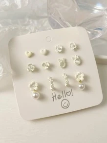 6 对多孔心形花朵和人造珍珠耳钉套装女士珠宝耳环套装生日礼物 - 白色 - 查看 2