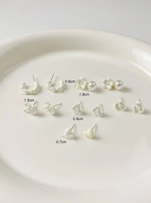 6 对多孔心形花朵和人造珍珠耳钉套装女士珠宝耳环套装生日礼物 - 白色 - 查看 4