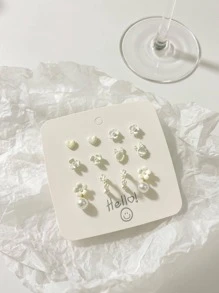 6 对多孔心形花朵和人造珍珠耳钉套装女士珠宝耳环套装生日礼物 - 白色 - 查看 3