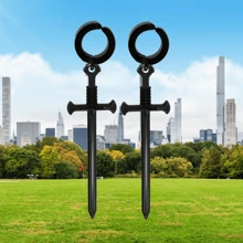 Fake Hoop Earrings N Steel With LONG Swords N Clip Earrings + GIFT - Black - View 5