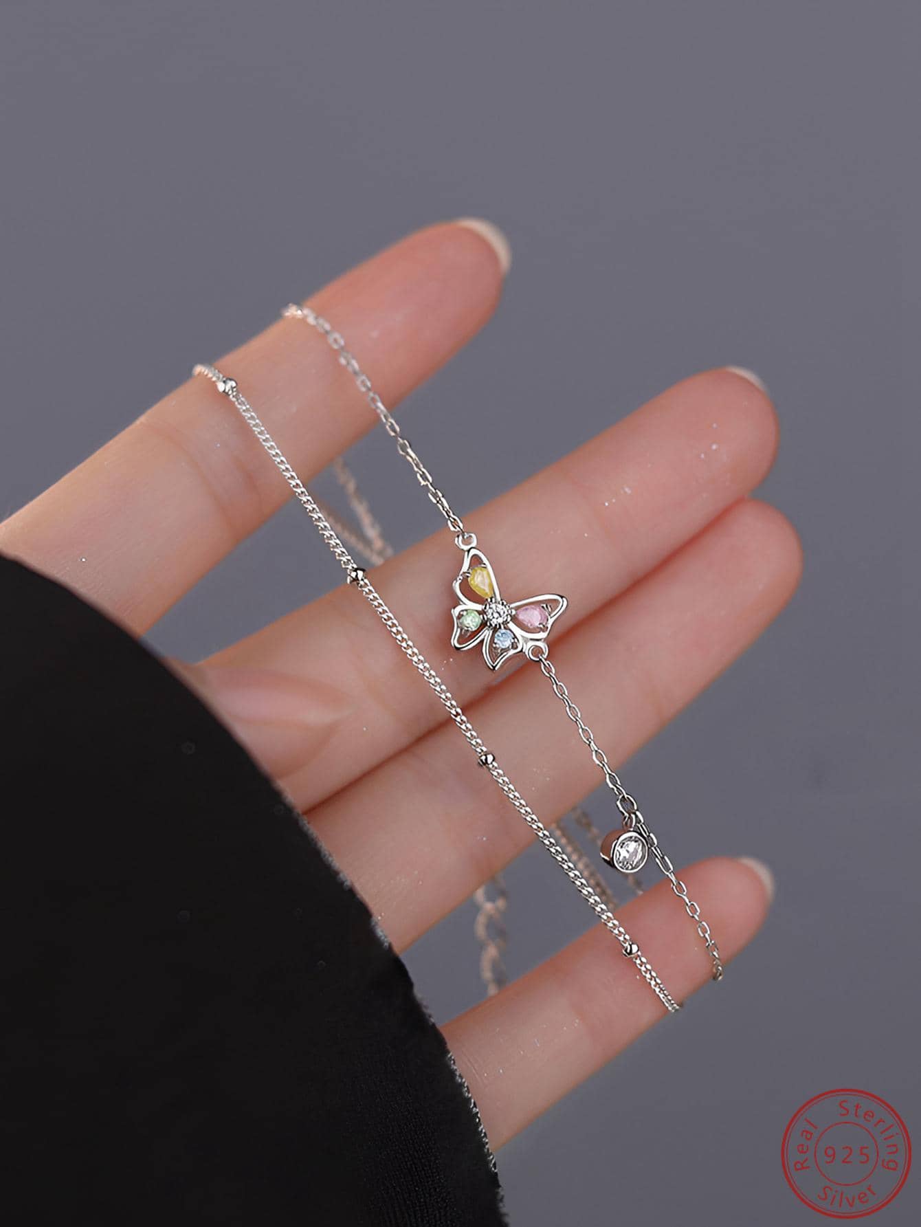 Thời Trang Đính Đá Cubic Zirconia Hình Bướm Trang Trí Vòng Tay Bạc Cho Nữ Làm Quà Tặng - Bạc - Xem 1