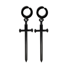 Fake Hoop Earrings N Steel With LONG Swords N Clip Earrings + GIFT - Black - View 4