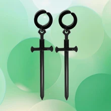 Fake Hoop Earrings N Steel With LONG Swords N Clip Earrings + GIFT - Black - View 8