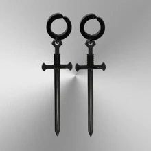 Fake Hoop Earrings N Steel With LONG Swords N Clip Earrings + GIFT - Black - View 3