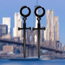 Fake Hoop Earrings N Steel With LONG Swords N Clip Earrings + GIFT - Black - View 6